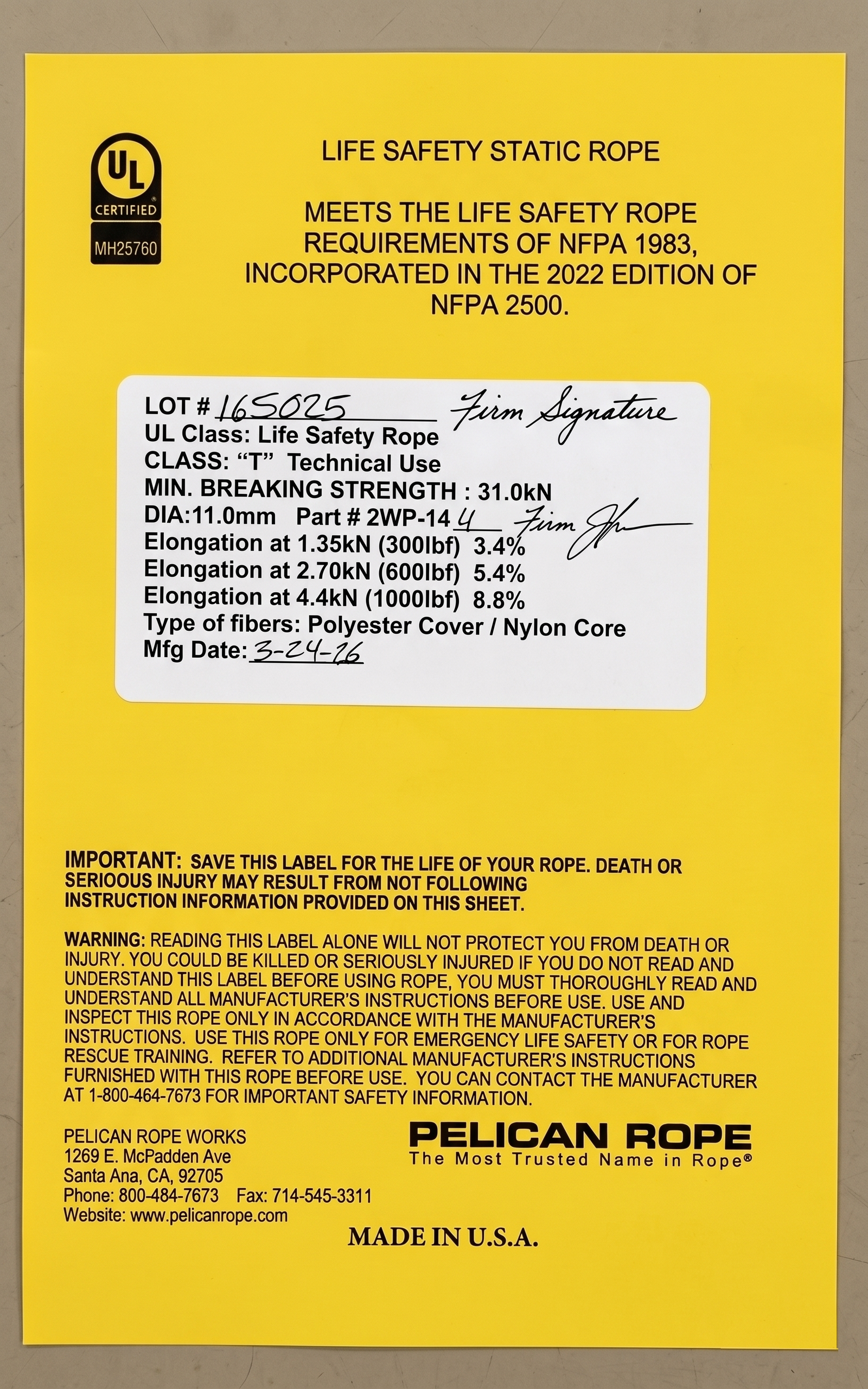 METRO LINEAL 7/16" CUERDA RESCATE/RAPEL KERNMANTLE STATIC MASTER II™ 2WP-144-001